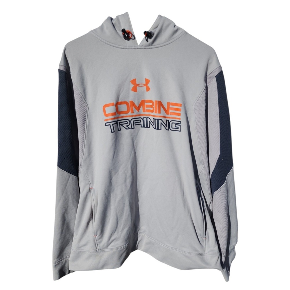 Under Armour Combine Training Hoodie Mens Gray Orange Logo Long Sleeve Pullover‎